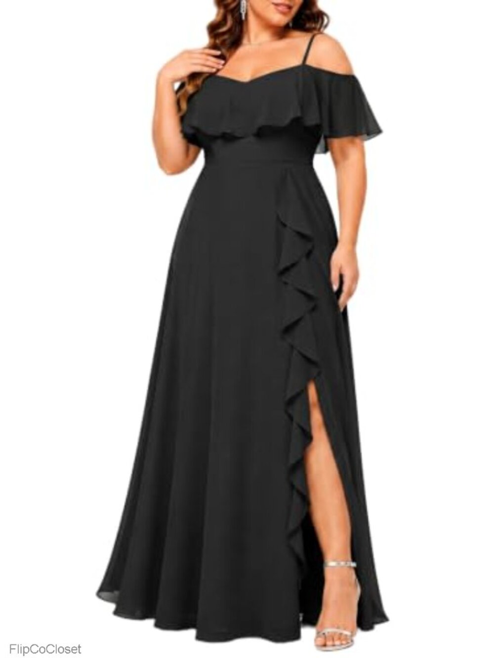 Plus Size Maxi Formal Dress Off Shoulder Chiffon High Slit Ruffle
